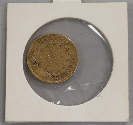 A French Napoleon III 20 Franc gold coin, 1856, 6.4g net, F